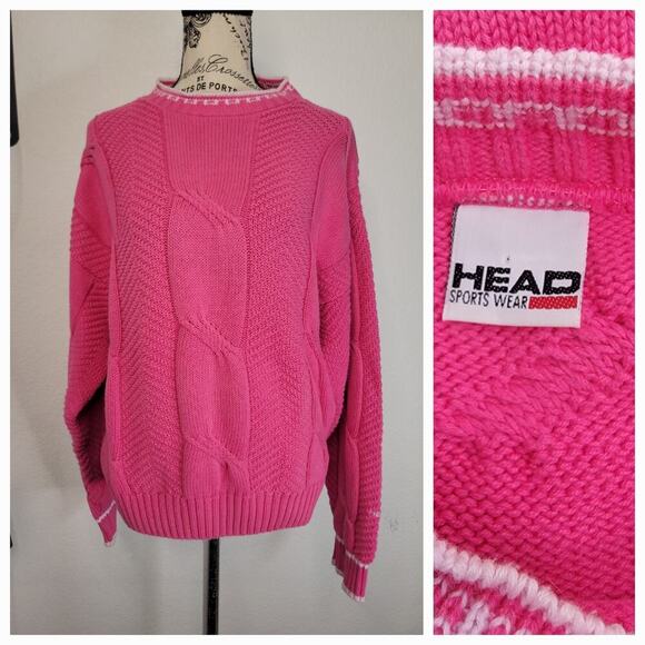 Vintage Head Sportswear Knit Sweater Womens Sz Medium Barbie Pink Retro Varsity - Picture 1 of 9